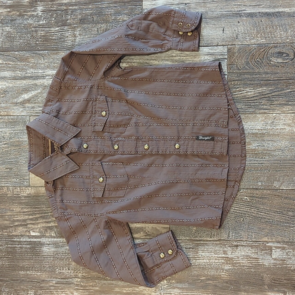 Boys WRANGLER Retro Brown/Tan Striped cowboy western snap front shirt sz XS euc